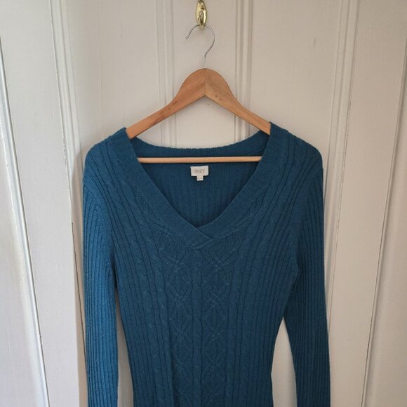 XL Suzy Shier Teal Blue Acrylic V-Neck Sweater (18" PTP) - Picture 1 of 6